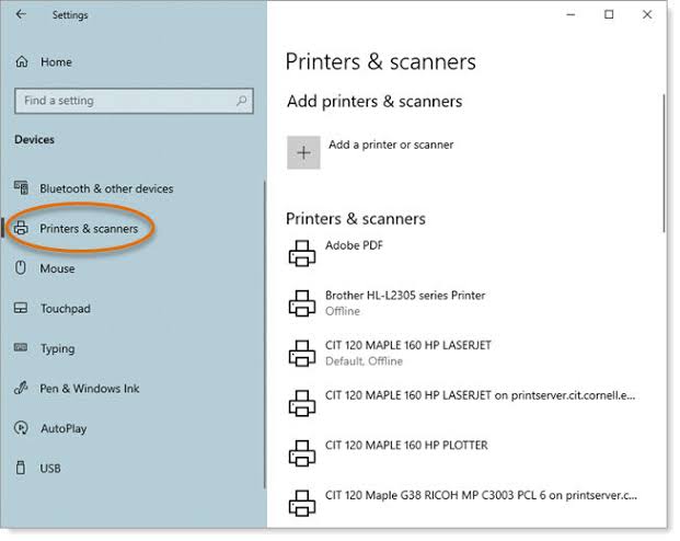 windows Printers & scanners button